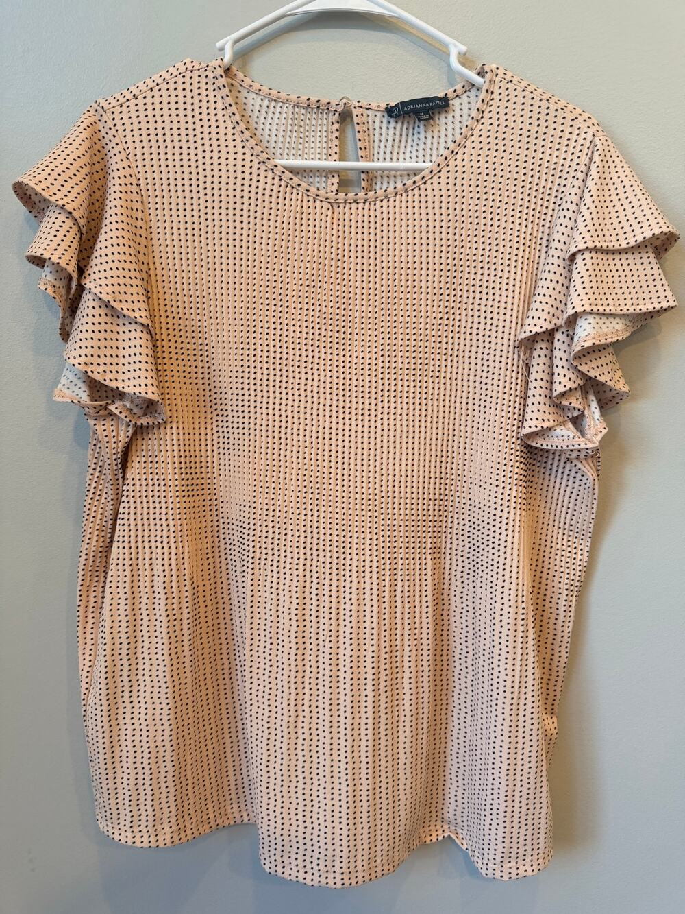 Adrianna Papell Micro Pleated Ruffle Tiered Sleeve Polka Dot Top Medium